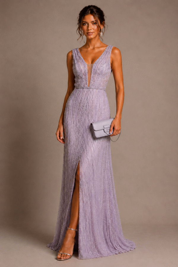 Vestido de gala lavanda con pedrería
