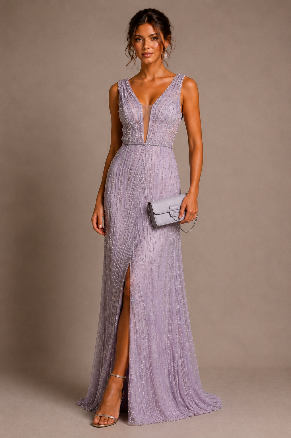 Vestido de gala lavanda con pedrería: imagen 1