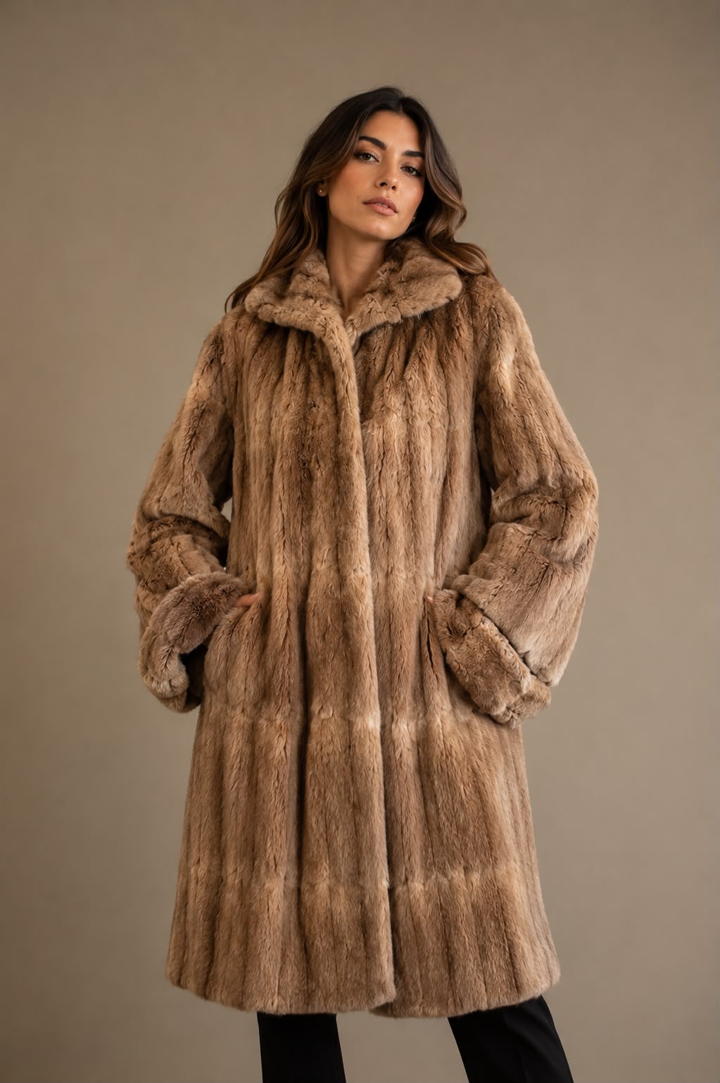 Abrigo vintage de visón natural color camel, de silueta amplia y elegante